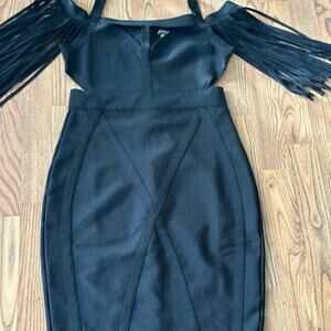 VENUS Black Cold Shoulder Bodycon Fringe mob wife dark academia New Year’s Eve